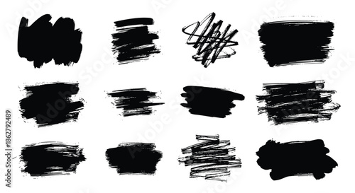 Set of black ink brush strokes and paint smudges for artistic backgrounds, textures, and creative graphic design elements for art.