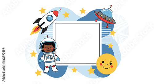Cute space exploration themed photo frame with an astronaut boy, a rocket ship, an alien UFO, and a smiling sun.