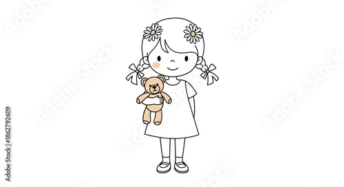 Sweet illustration of a little girl in a dress with flowers in her hair, cuddling her favorite brown teddy bear.
