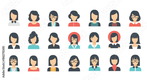 Diverse collection of women avatars for user profiles, featuring various hairstyles, glasses, and professional outfits.