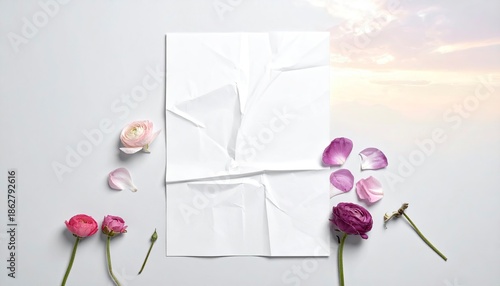 White paper sheet with flowers and petals on a light grey background