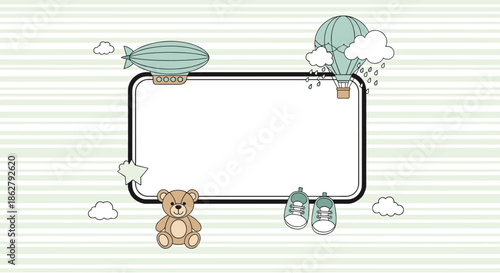 Cute baby boy photo frame featuring transportation elements like a blimp, hot air balloon, teddy bear, and clouds.