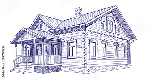 Detailed architectural sketch of a traditional multi-story wooden log house with an ornate porch and classic roof.
