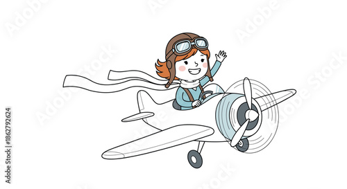 Adventurous cartoon girl pilot wearing a helmet and goggles, happily flying her propeller plane through the sky.