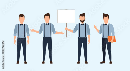 Professional male character set showcasing a man in a blue shirt with suspenders and a bowtie in four different poses.