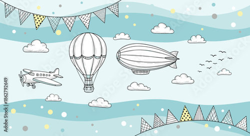 Whimsical illustration of flying machines including hot air balloons and airplanes against a sky with clouds and flags.