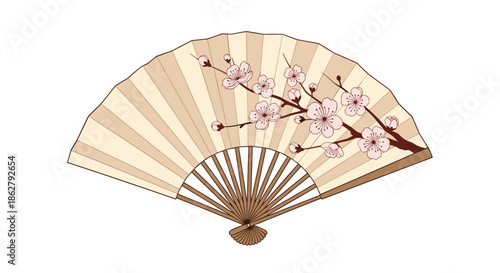 Detailed illustration of a traditional Japanese folding fan adorned with a beautiful branch of pink cherry blossoms.