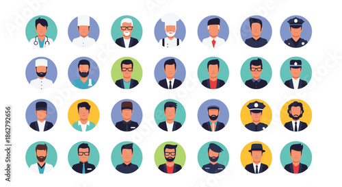 Extensive collection of diverse professional male avatars in circular frames suitable for web design and user profiles.
