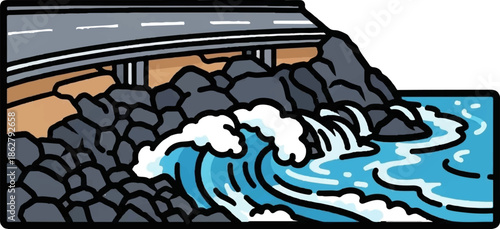 A bridge arches over rocky terrain where ocean waves crash onto the shore