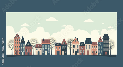 Beautiful illustration of a charming city street lined with colorful European style houses under a soft cloudy sky.
