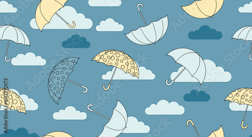 Vibrant seamless pattern of colorful umbrellas and fluffy clouds floating across a blue sky for a cheerful backdrop.