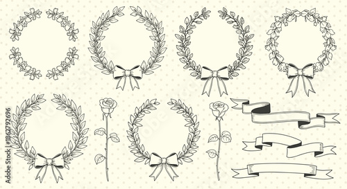 Collection of hand drawn vintage wreaths, roses, and ribbons in a classic sketch style for elegant invitations and cards.