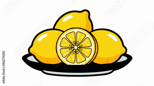 A bright, cartoon-style illustration of three whole lemons and one sliced lemon on a black plate