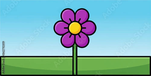 A bright, cheerful cartoon flower with purple petals and a yellow center, growing in green grass under a blue sky