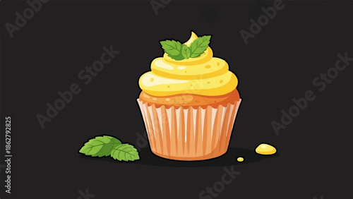 A bright, frosted cupcake with mint leaves and a dark background