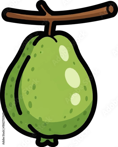 A bright green, pear-shaped fruit with small dots and light spots hangs from a brown branch