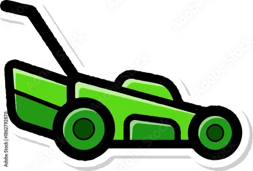 A bright green push lawnmower with a black handle on a white background