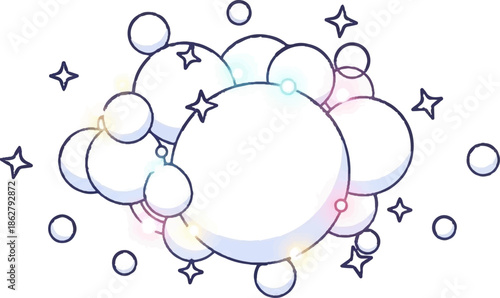 A cluster of sparkling, iridescent bubbles and stars on a white background