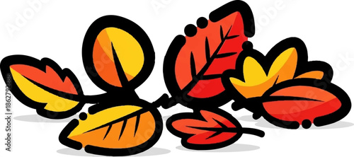 A cluster of stylized autumn leaves in vibrant red, orange, and yellow hues with thick black outlines
