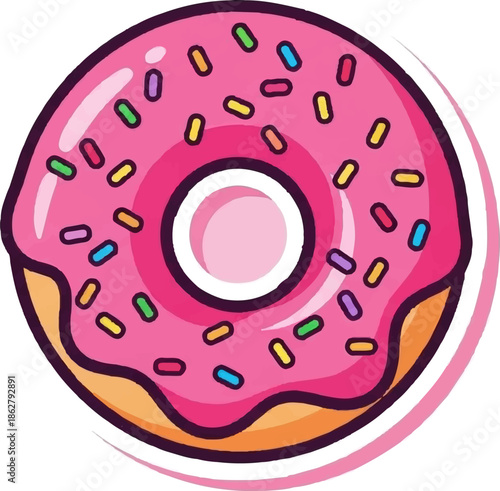 A bright pink frosted donut with colorful sprinkles and a golden crust