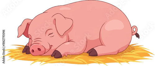 A happy pink cartoon pig is soundly sleeping on a bed of golden straw with closed eyes and a gentle smile