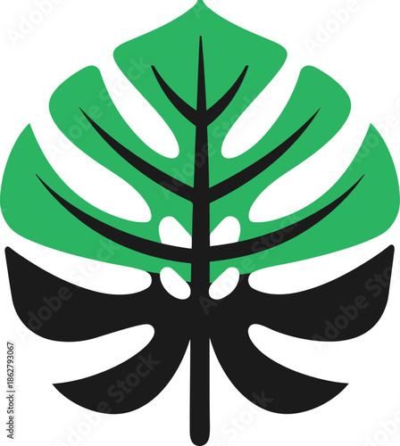 Stylized monstera leaf silhouette divided into green top and black bottom section botanical art