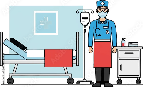 A healthcare provider stands beside a hospital bed with an IV drip and bedside cabinet