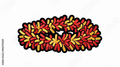 A festive garland of red and yellow pom-poms on a white background
