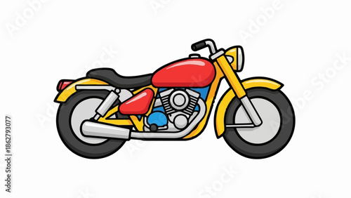 A bright yellow and red cartoon motorcycle with a black seat and chrome accents