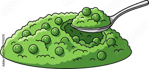 A heap of mashed green peas with a spoon scooping some up