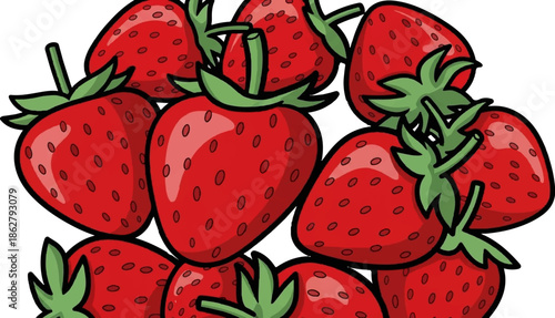 A cluster of vibrant red strawberries with green stems and seeded surfaces