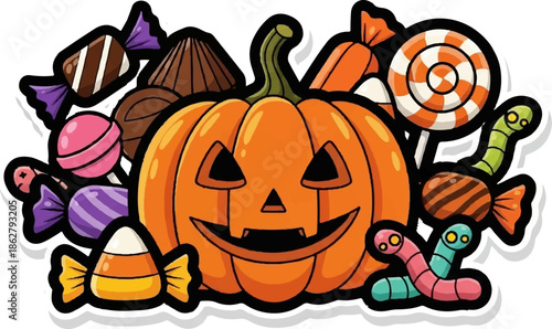 A festive Halloween scene overflowing with assorted candies and a carved pumpkin