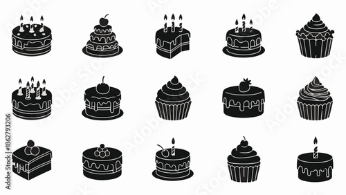 A collection of black silhouette icons depicting various frosted cakes and cupcakes with candles and fruit decorations