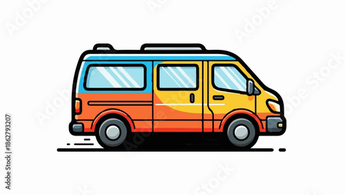 A brightly colored cartoon van with blue, orange, and yellow sections is depicted