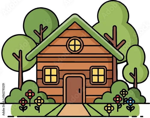 A charming log cabin with a green roof, surrounded by trees and flowers in a picturesque setting