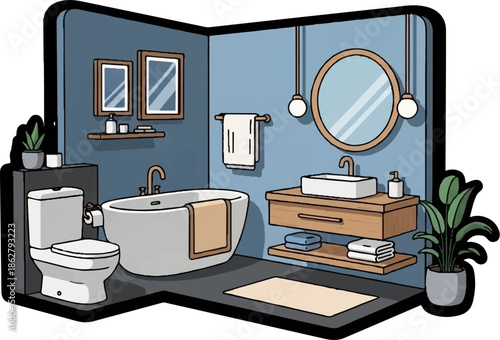 A charming, isometric illustration of a modern bathroom with a bathtub, sink, and toilet