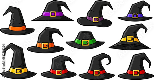 A collection of black witch hats with various colored bands and gold buckles, arranged on a white background