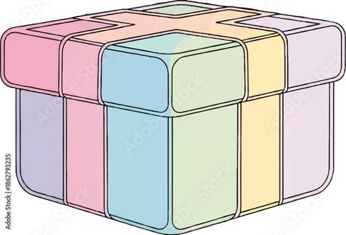 A brightly colored, cubical gift box with rounded edges and a ribbon bow