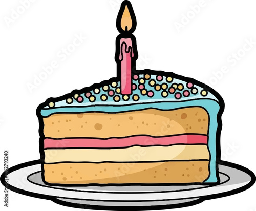 A brightly illustrated slice of layered cake, topped with frosting, sprinkles, and a lit candle