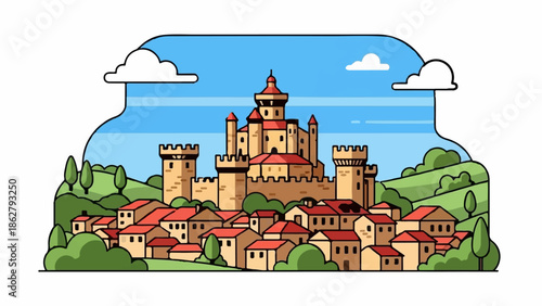 A charming medieval town nestled below a grand castle on a sunny day