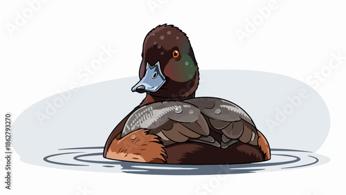 A brown duck with blue beak swims serenely in calm water