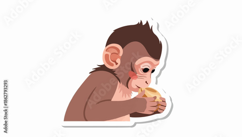 A brown monkey sits and eats a golden fruit with its hands
