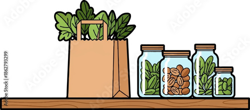A brown paper bag overflowing with greens, next to jars of nuts and leafy vegetables