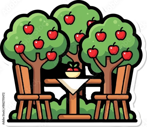 A charming outdoor picnic scene with two chairs, a table with a bowl of apples, and three apple trees