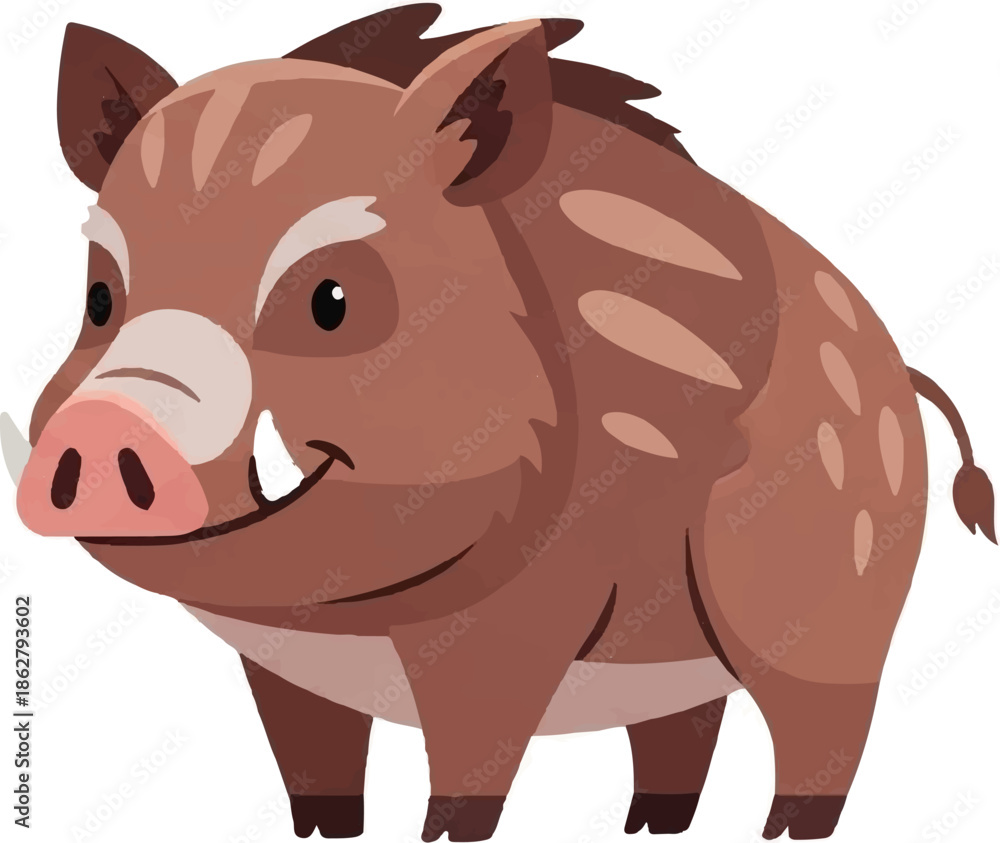 Fototapeta premium A charming, stylized cartoon wild boar stands with a friendly expression, showcasing tusks and a pink snout