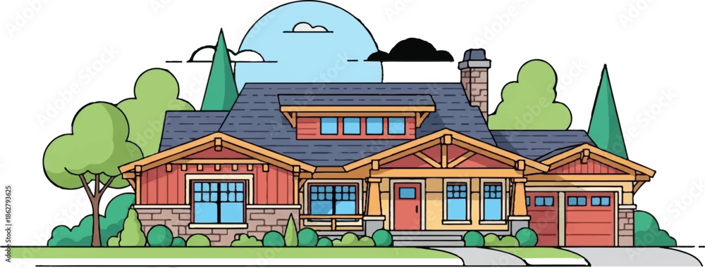 Fototapeta premium A charming, stylized illustration of a multi-level home with a stone foundation, red siding, and a welcoming yellow porch