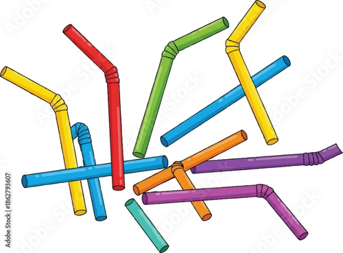 A jumble of colorful plastic drinking straws in various orientations on a white background