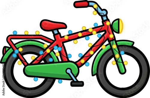 A festive red bicycle adorned with colorful string lights for a holiday celebration