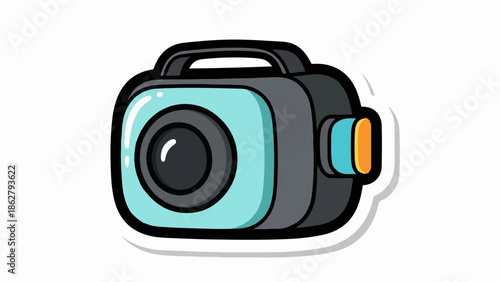A cute, cartoon-style action camera illustration with a light blue front, dark gray body, and orange button