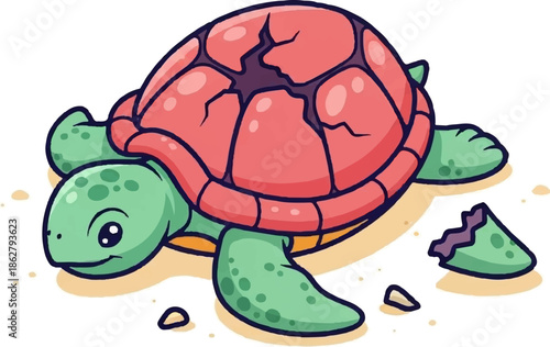 A cute, cartoonish turtle with a cracked red shell rests on a sandy surface